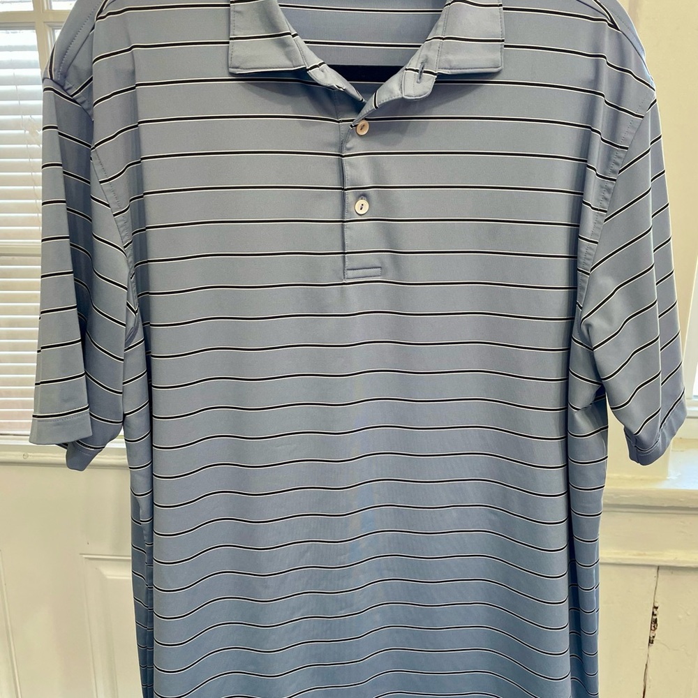 Peter Millar Men’s Summer Comfort Light Blue White Black Striped Polo Golf Shirt